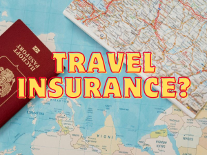 A map and passport with the words "Travel Insurance?" on top