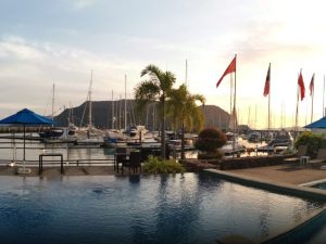 A pool and yacht marina at the Royal Langkawi Yacht Club 